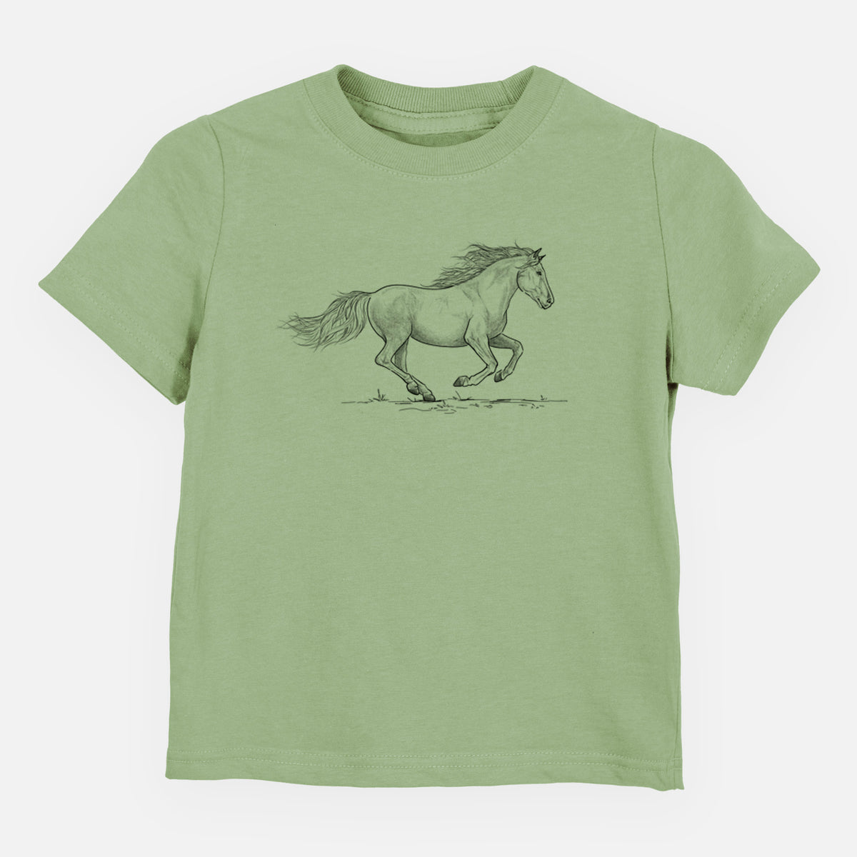 Sage green toddler t-shirt laid flat, printed with a black ink illustration of a mustang horse running.
