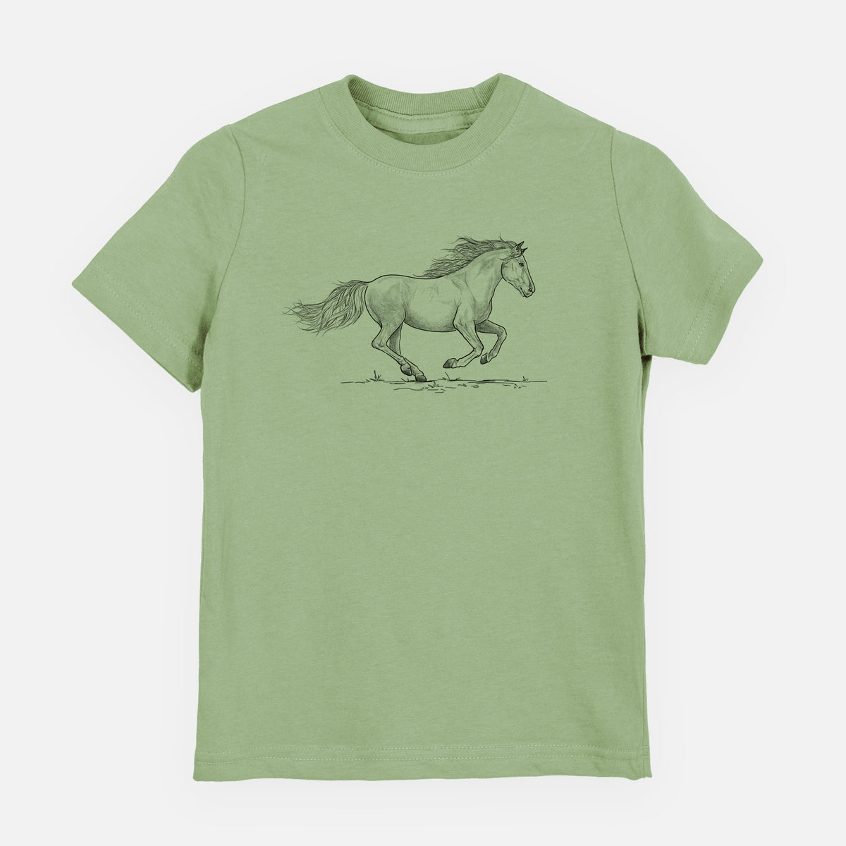 Sage green youth t-shirt laid flat, printed with a black ink illustration of a mustang horse running.