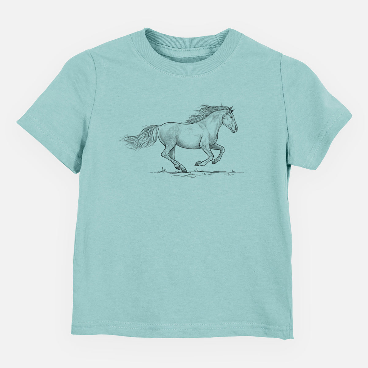 Saltwater toddler t-shirt laid flat, printed with a black ink illustration of a mustang horse running.