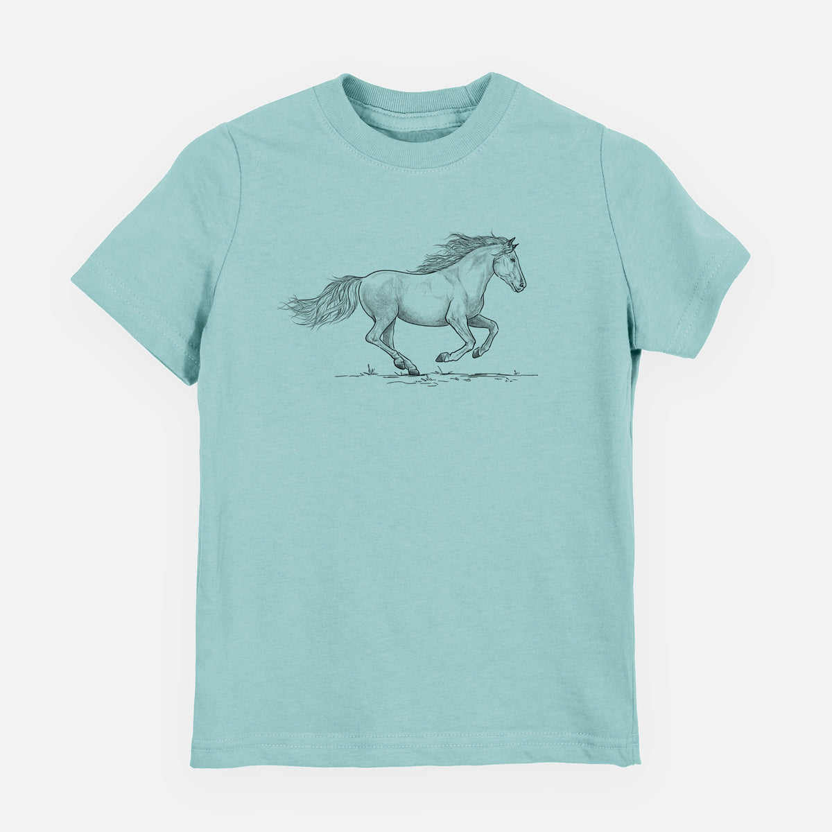 Saltwater youth t-shirt laid flat, printed with a black ink illustration of a mustang horse running.