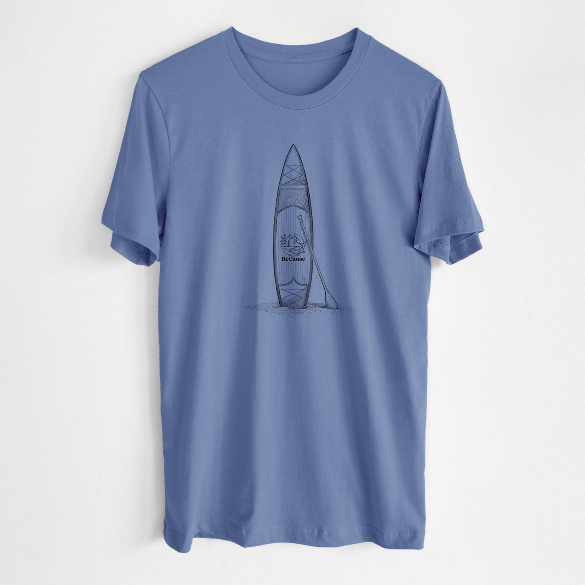 Blue bell lightweight cotton t-shirt laid flat, printed with a black ink illustration of a stand-up paddleboard with a paddle.