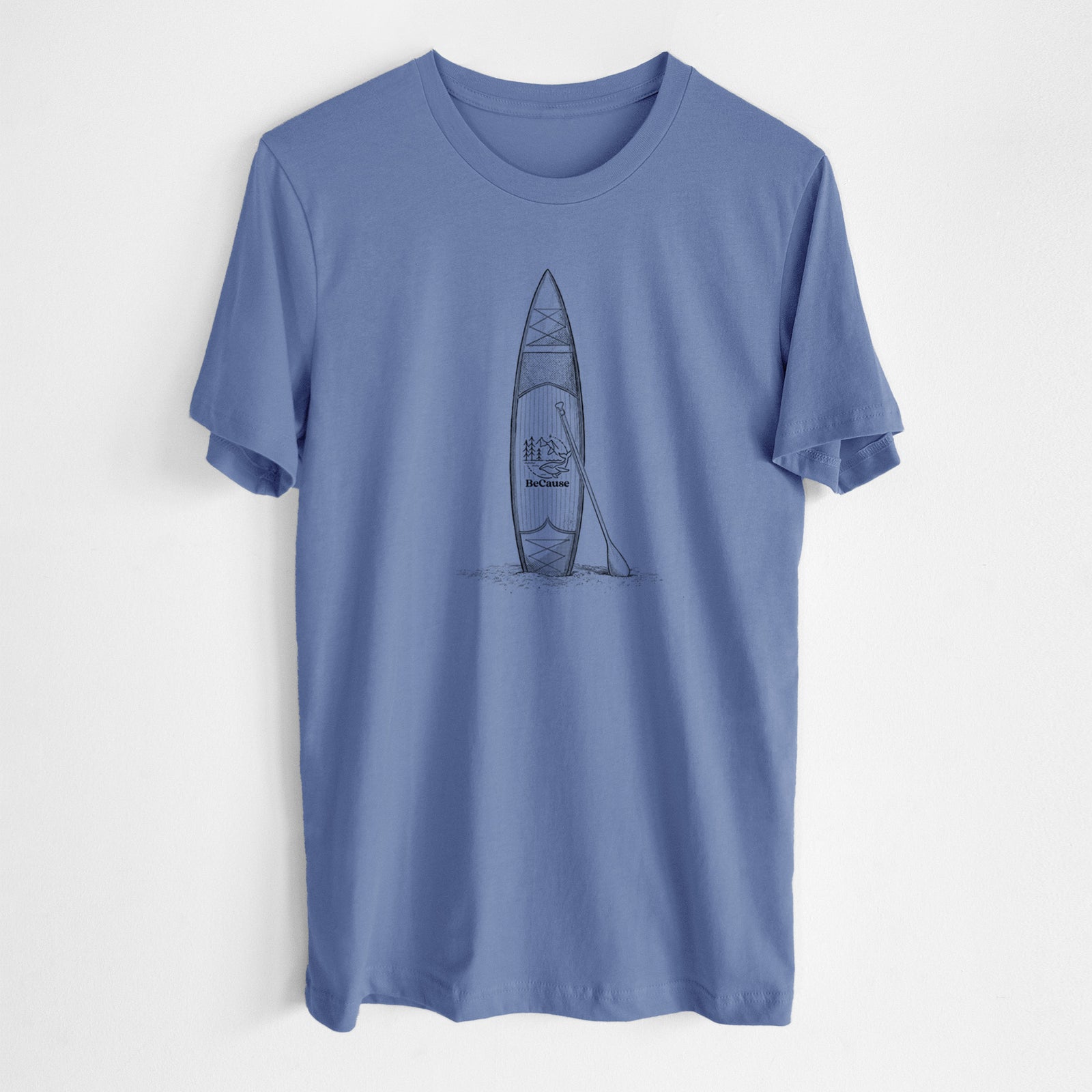 Blue bell lightweight cotton t-shirt laid flat, printed with a black ink illustration of a stand-up paddleboard with a paddle.