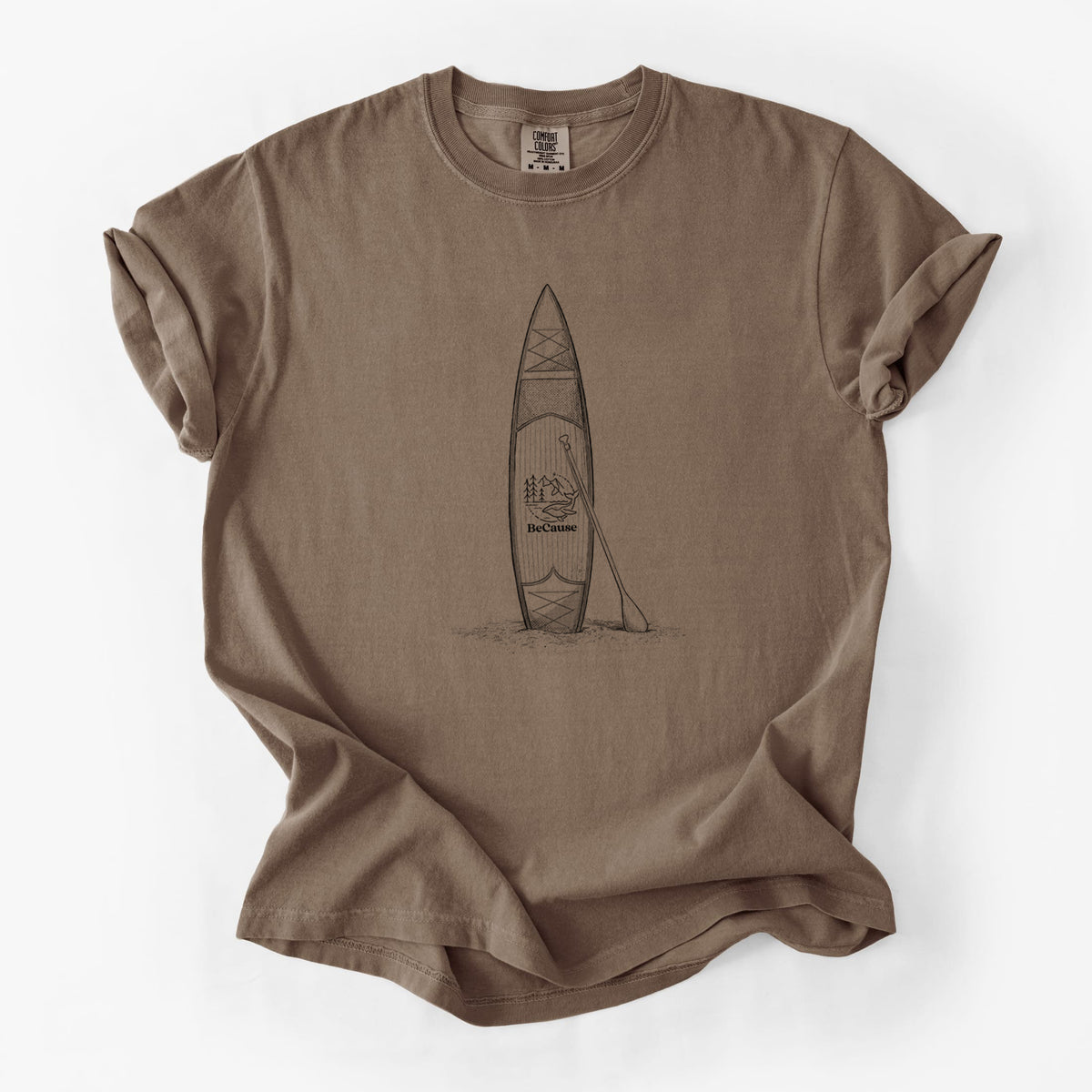 Espresso brown Comfort Colors t-shirt laid flat, printed with a black ink illustration of a stand-up paddleboard with a paddle.