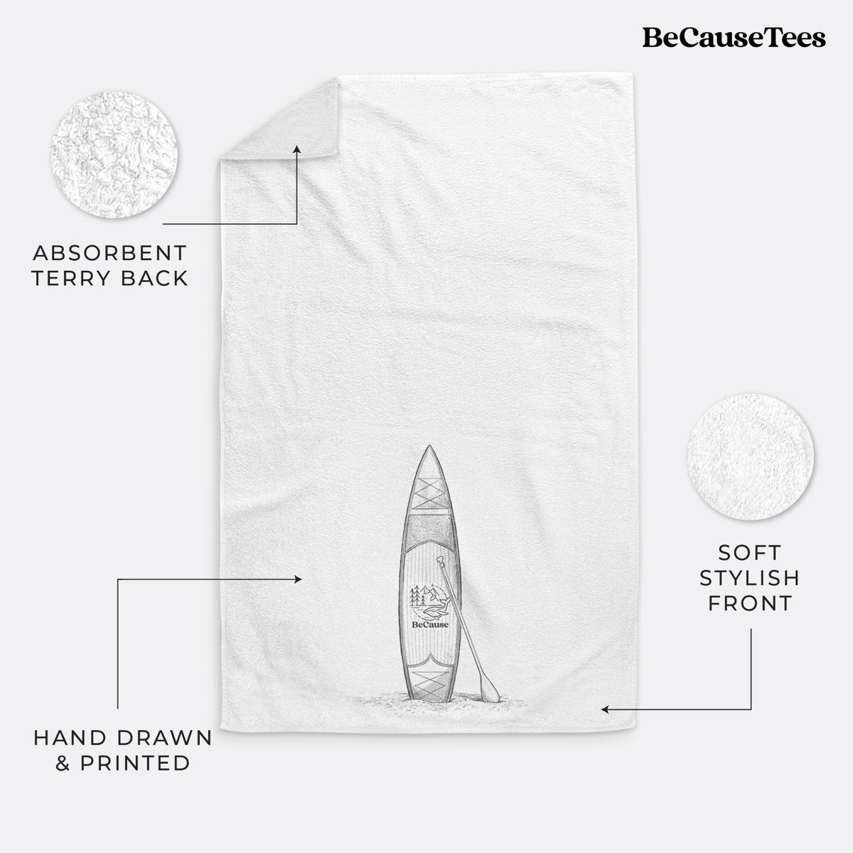 White hand towel printed with a black ink illustration of a stand-up paddleboard with a paddle.