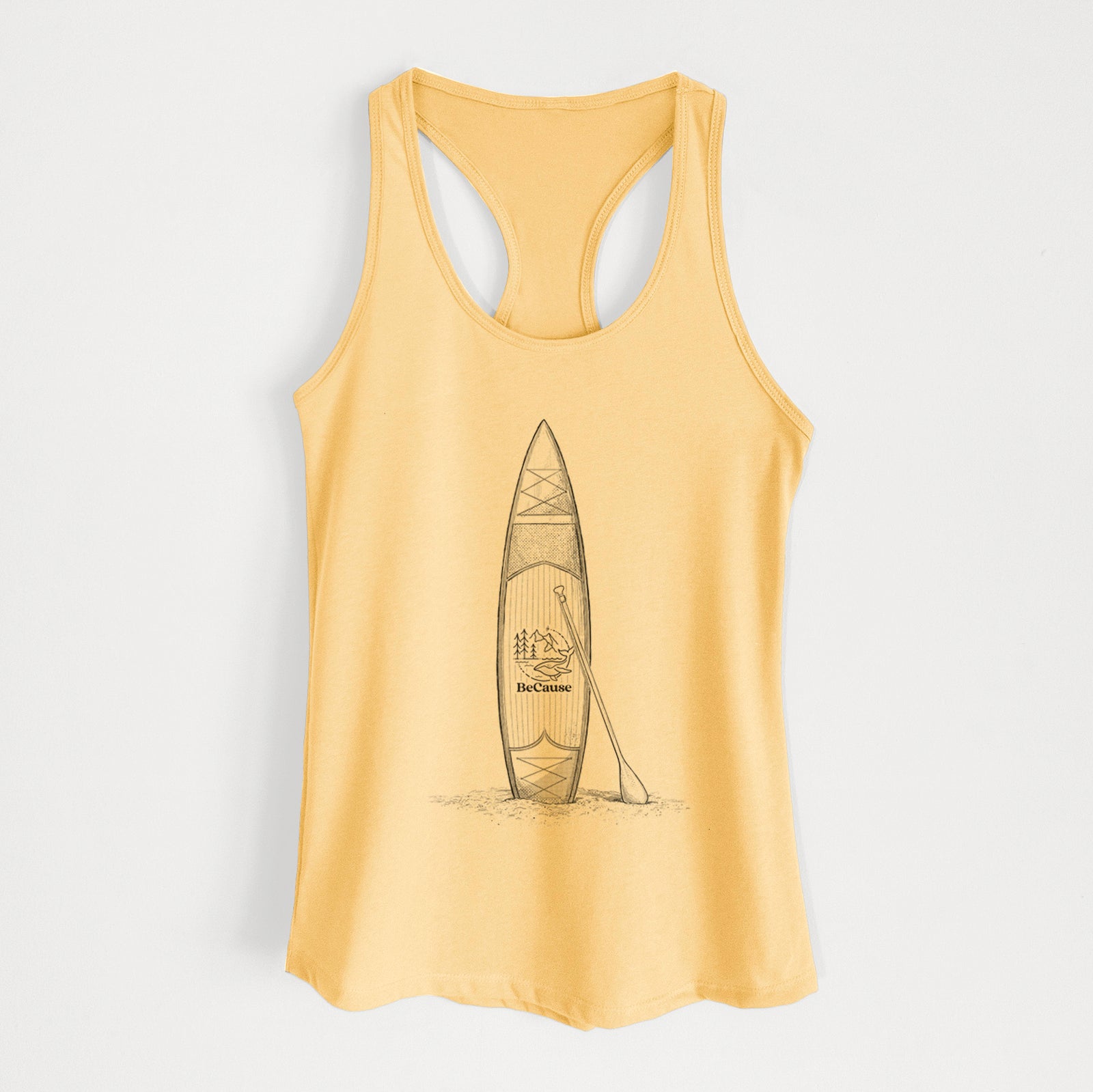 Banana cream women's racerback tank top laid flat, printed with a black ink illustration of a stand-up paddleboard with a paddle.