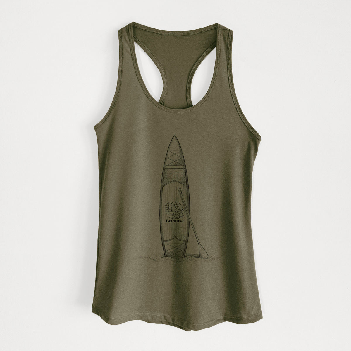 Military green women's racerback tank top laid flat, printed with a black ink illustration of a stand-up paddleboard with a paddle.