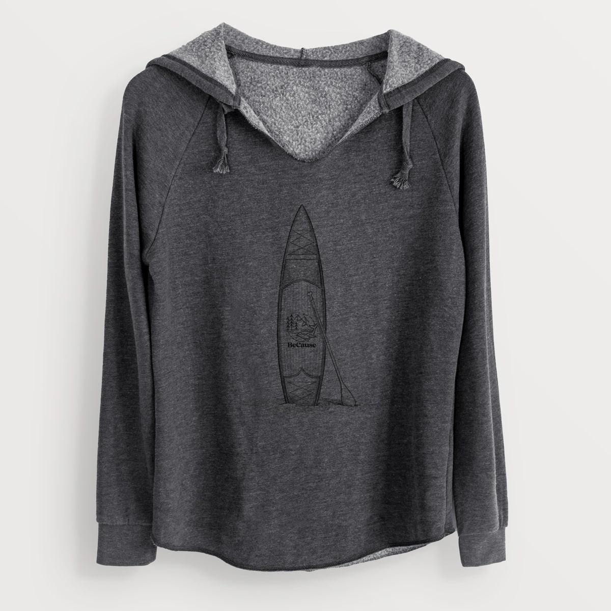 Charcoal grey women's Cali Wave hooded sweatshirt laid flat, printed with a black ink illustration of a stand-up paddleboard with a paddle.