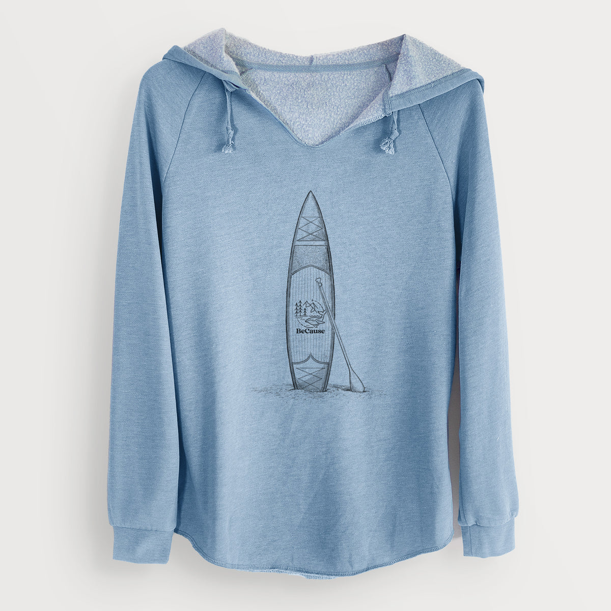 Misty blue women's Cali Wave hooded sweatshirt laid flat, printed with a black ink illustration of a stand-up paddleboard with a paddle.