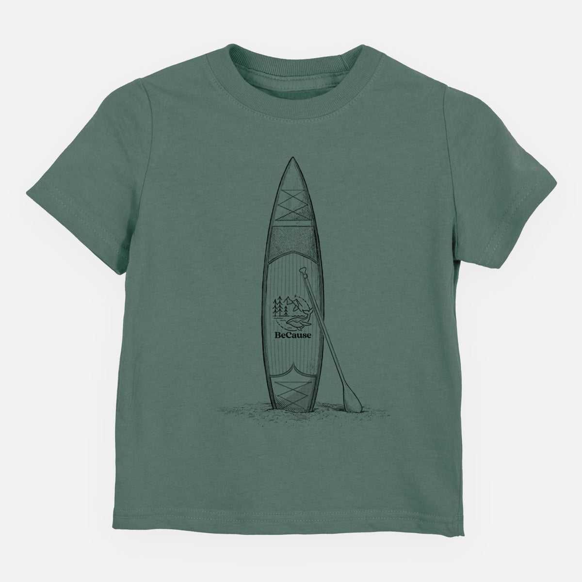 Basil green toddler t-shirt laid flat, printed with a black ink illustration of a stand-up paddleboard with a paddle.