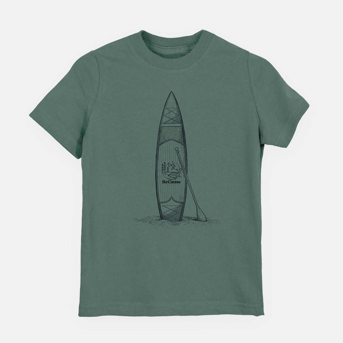 Basil green youth t-shirt laid flat, printed with a black ink illustration of a stand-up paddleboard with a paddle.