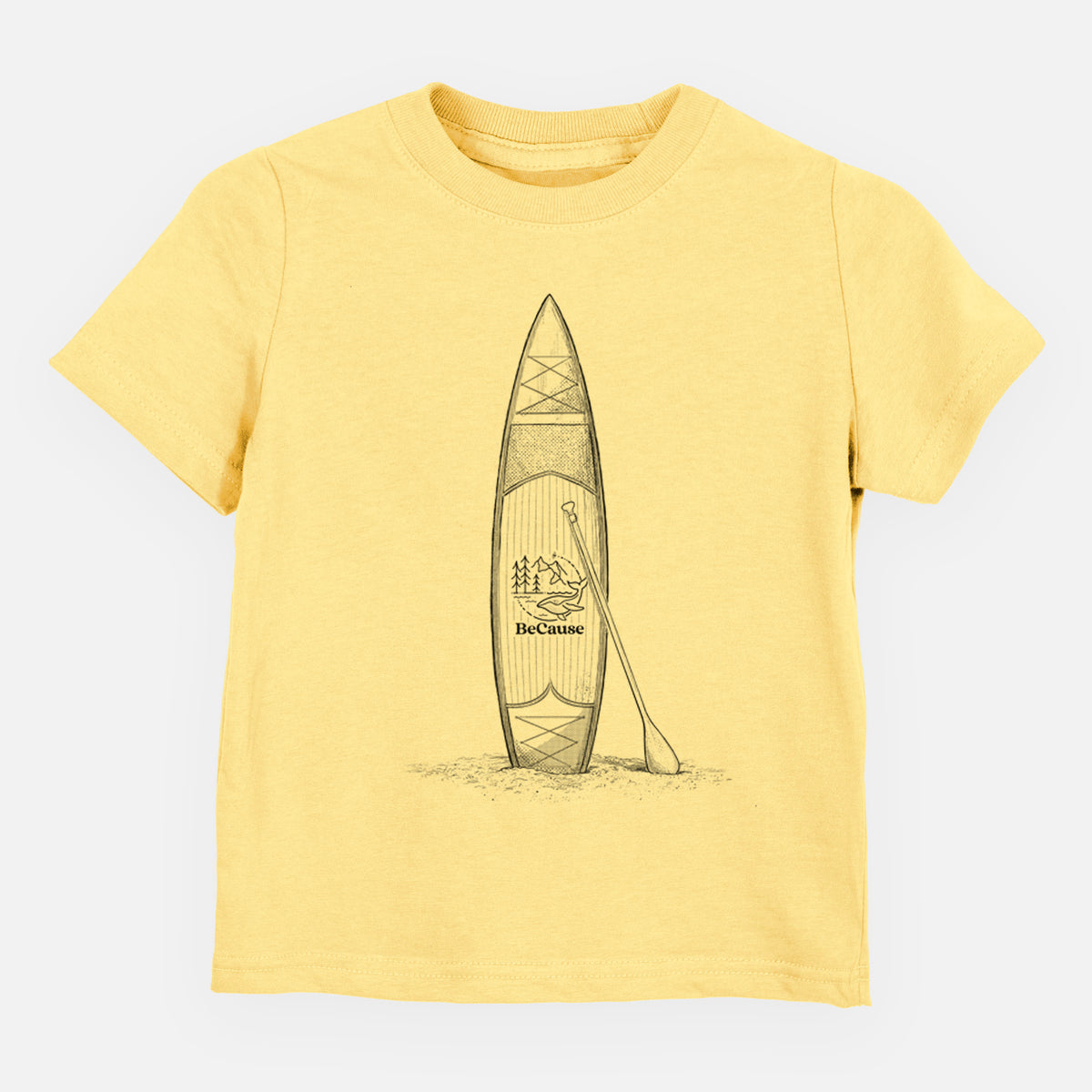 Butter yellow toddler t-shirt laid flat, printed with a black ink illustration of a stand-up paddleboard with a paddle.