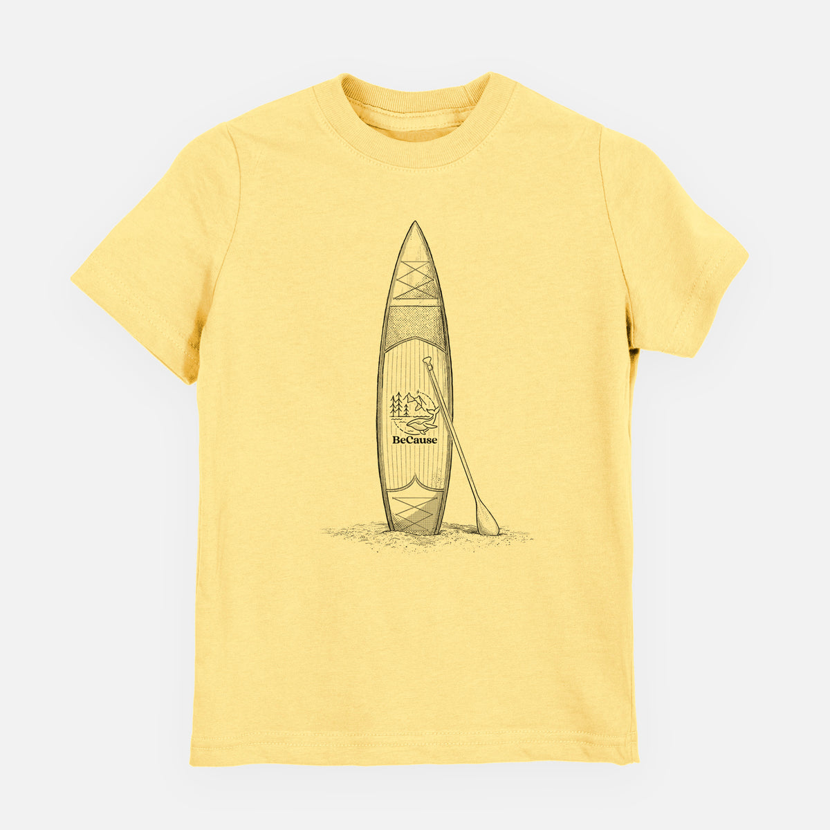 Butter yellow youth t-shirt laid flat, printed with a black ink illustration of a stand-up paddleboard with a paddle.