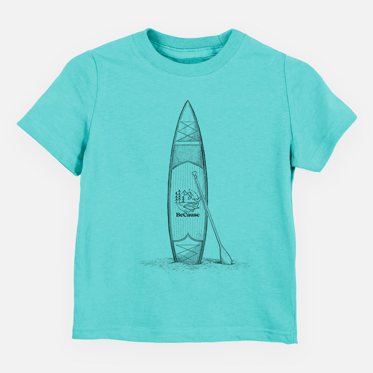 Caribbean blue toddler t-shirt laid flat, printed with a black ink illustration of a stand-up paddleboard with a paddle.