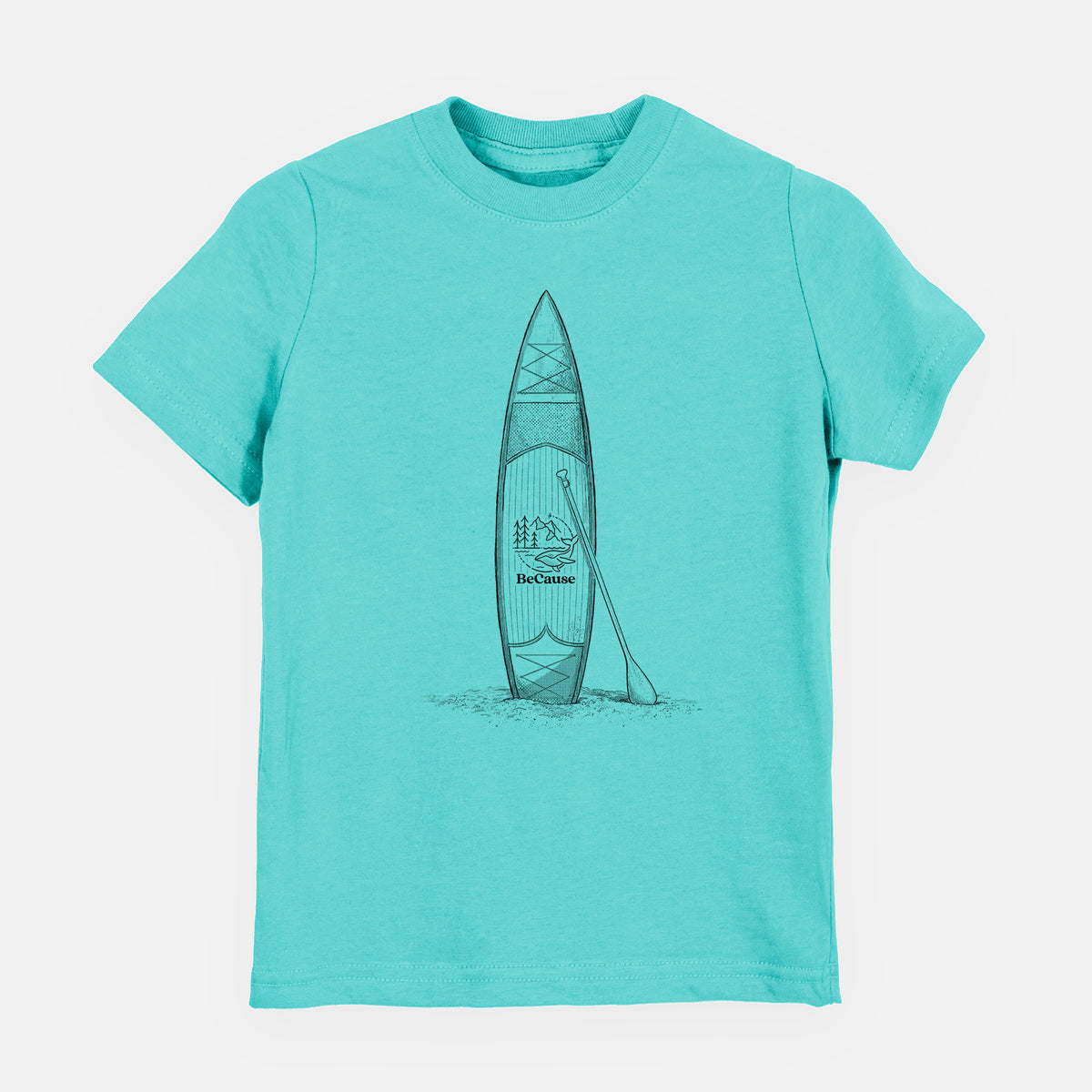 Caribbean blue youth t-shirt laid flat, printed with a black ink illustration of a stand-up paddleboard with a paddle.