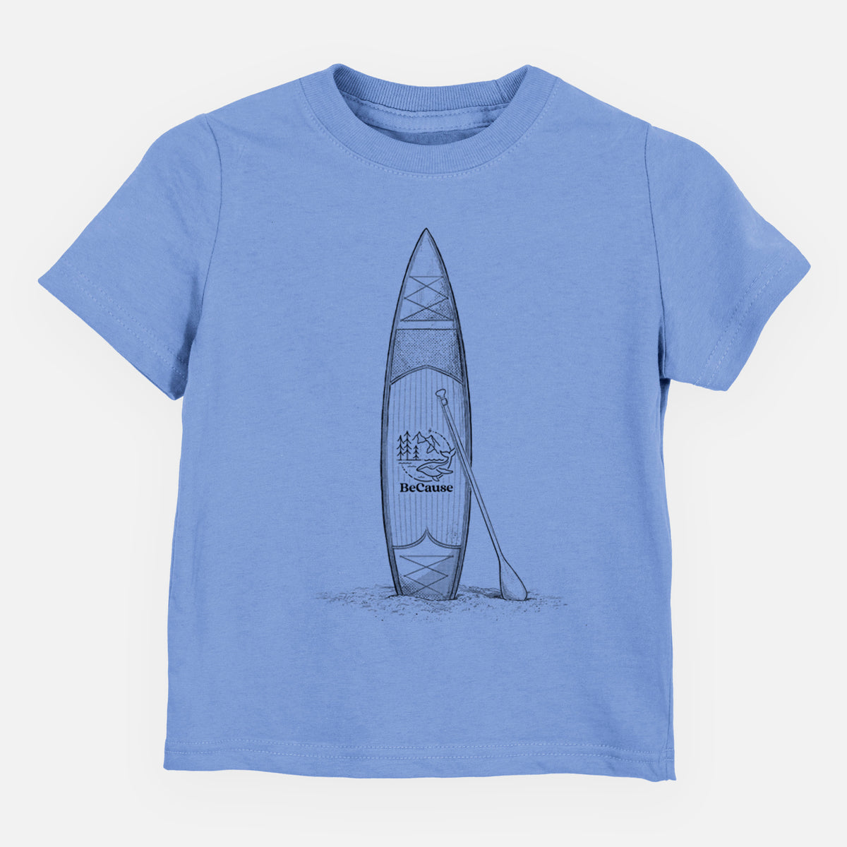 Carolina blue toddler t-shirt laid flat, printed with a black ink illustration of a stand-up paddleboard with a paddle.