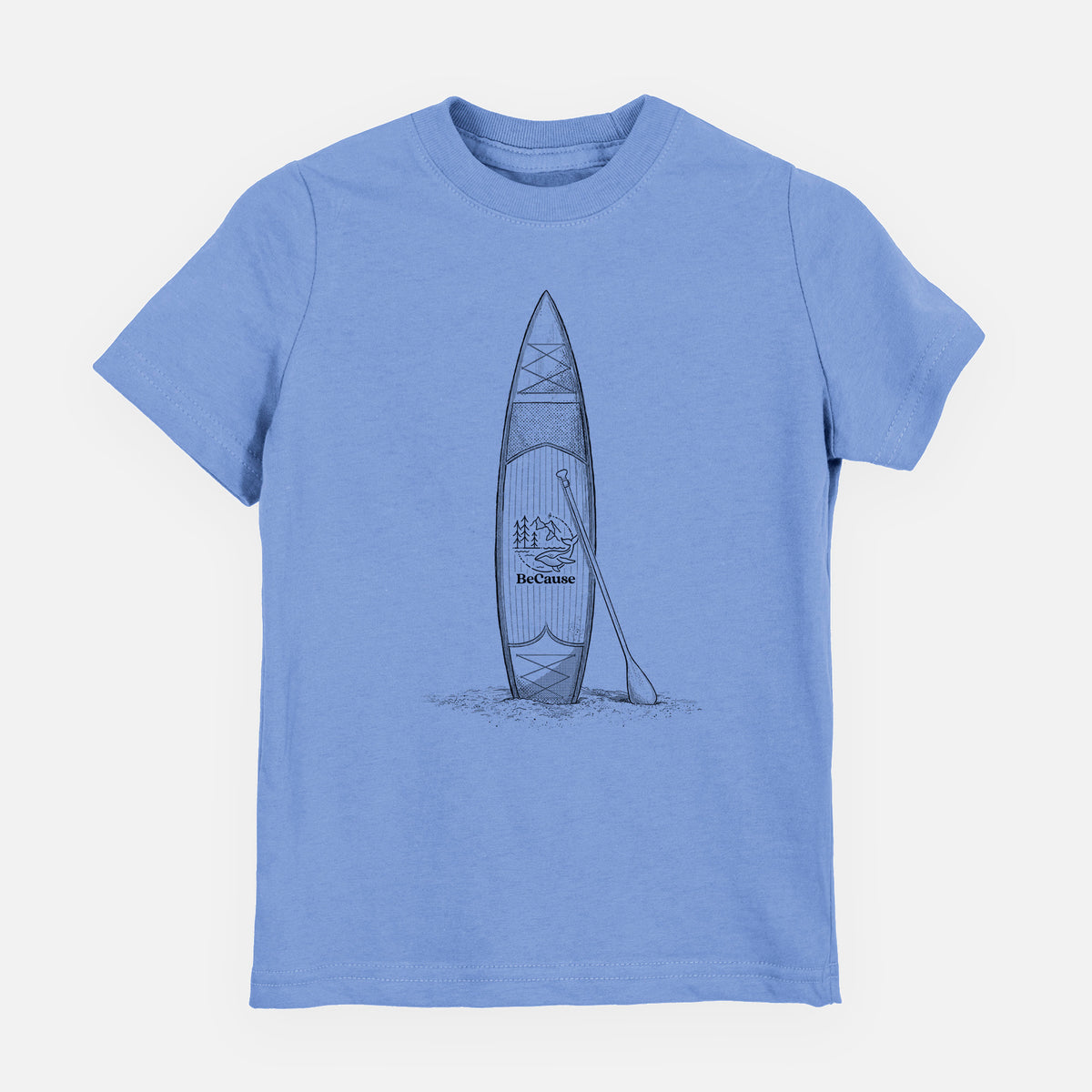 Carolina blue youth t-shirt laid flat, printed with a black ink illustration of a stand-up paddleboard with a paddle.