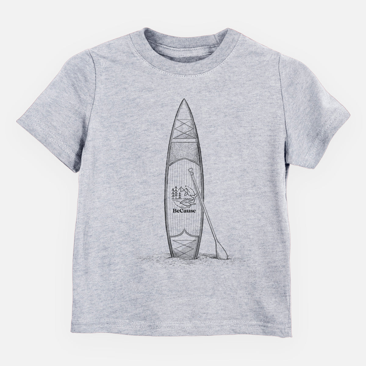 Heather grey toddler t-shirt laid flat, printed with a black ink illustration of a stand-up paddleboard with a paddle.