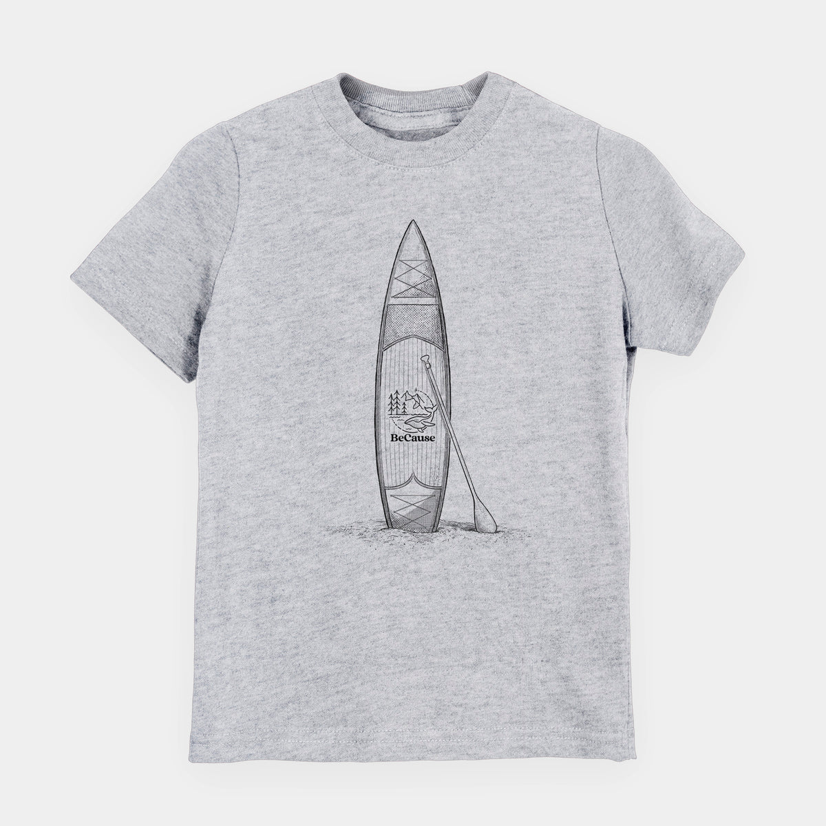 Heather grey youth t-shirt laid flat, printed with a black ink illustration of a stand-up paddleboard with a paddle.
