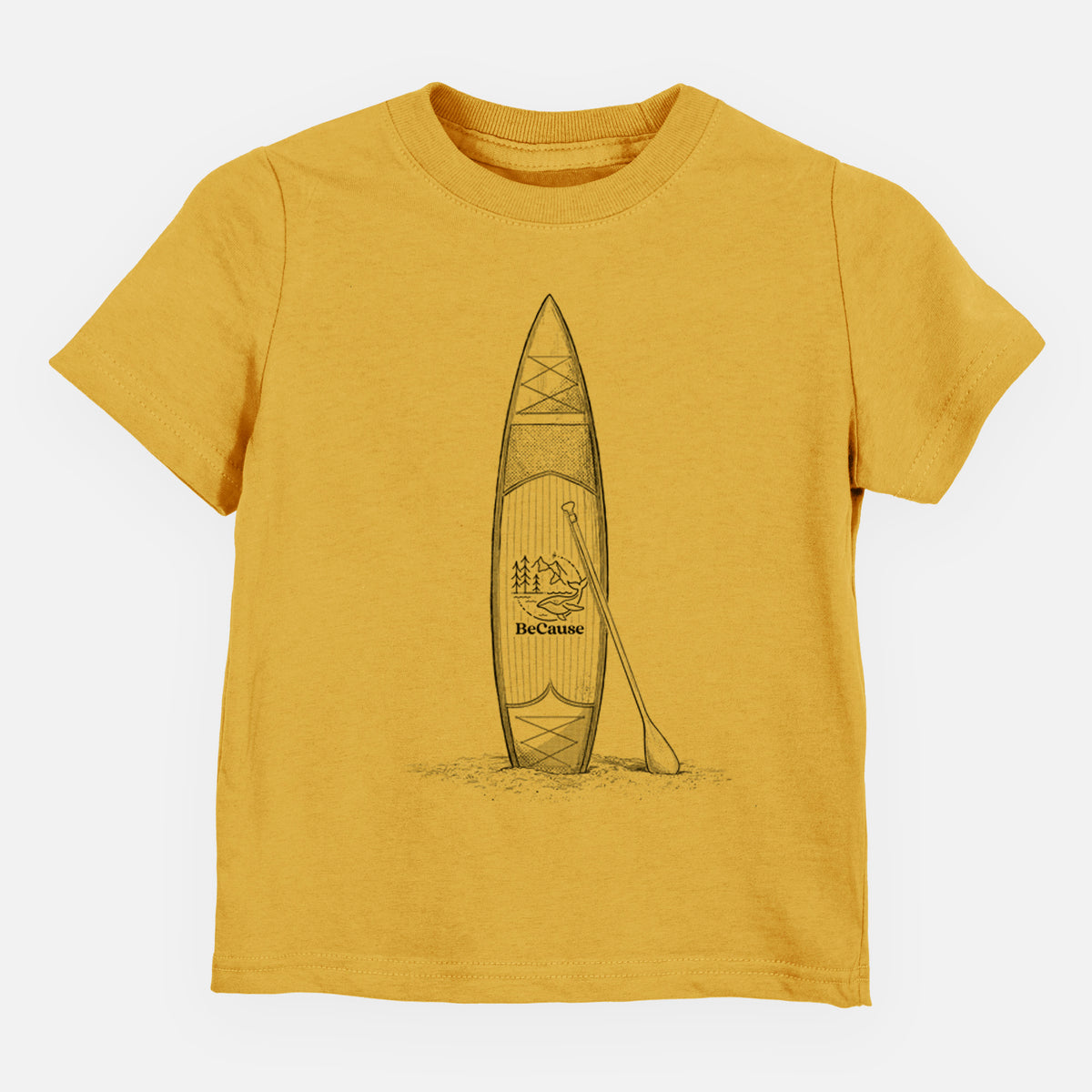 Honeycomb yellow toddler t-shirt laid flat, printed with a black ink illustration of a stand-up paddleboard with a paddle.
