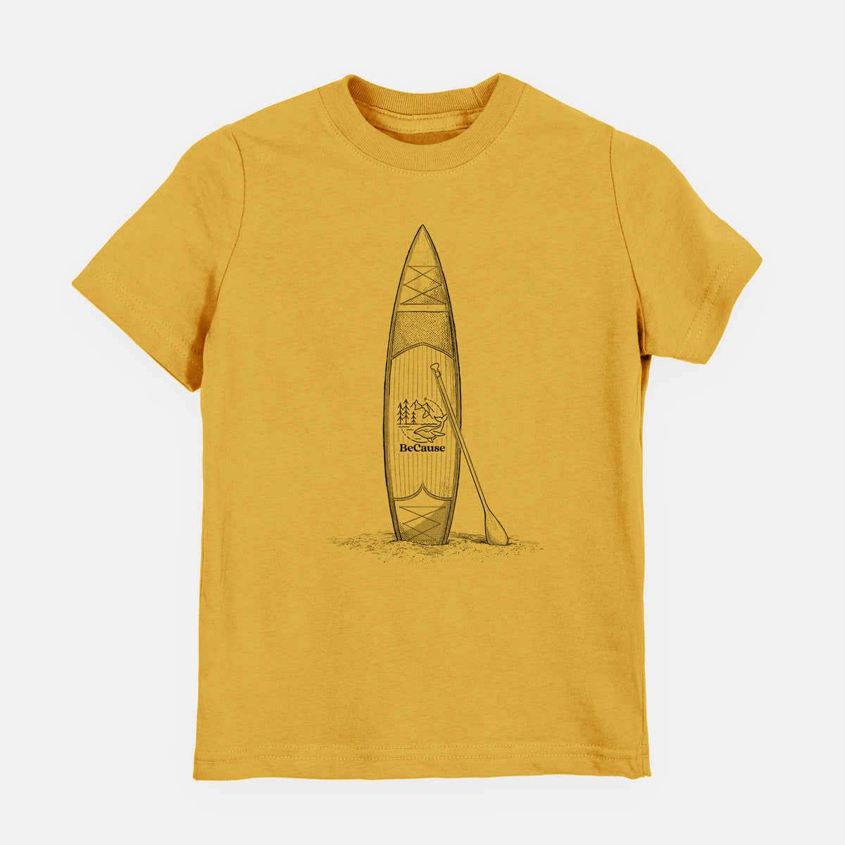 Honeycomb yellow youth t-shirt laid flat, printed with a black ink illustration of a stand-up paddleboard with a paddle.