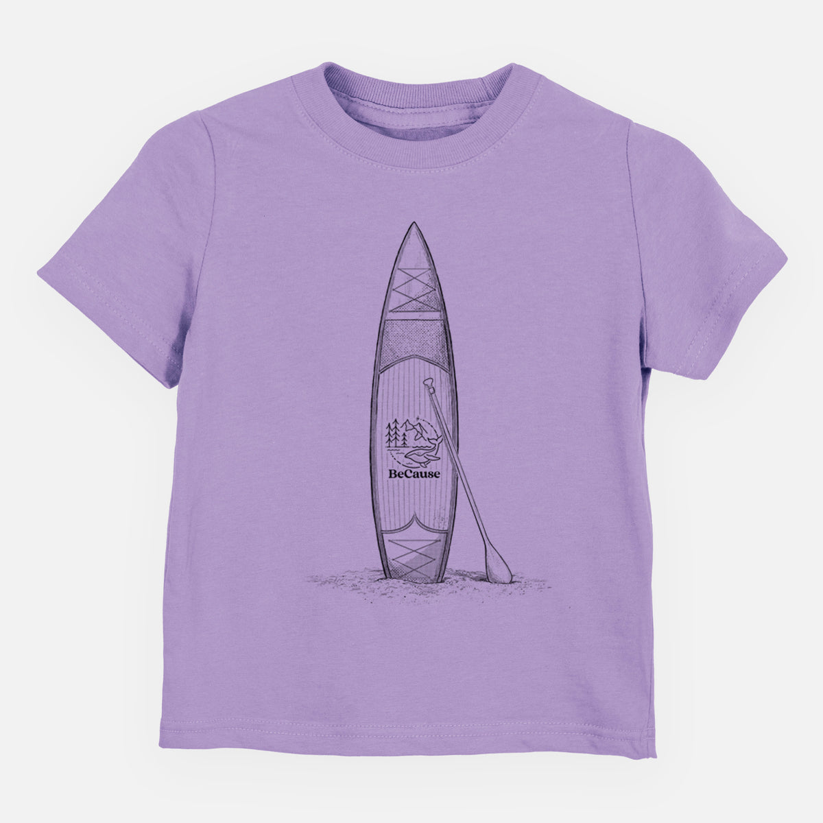 Lavender toddler t-shirt laid flat, printed with a black ink illustration of a stand-up paddleboard with a paddle.