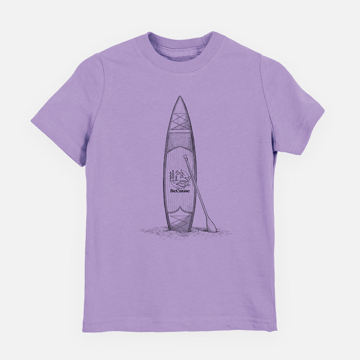 Lavender youth t-shirt laid flat, printed with a black ink illustration of a stand-up paddleboard with a paddle.