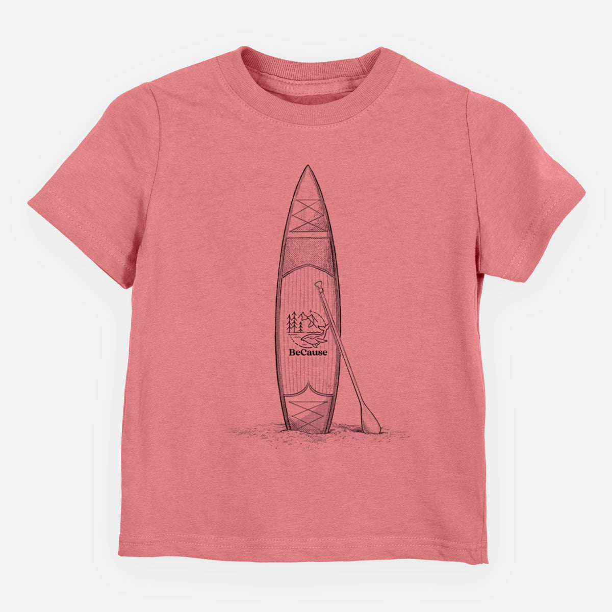 Mauve pink toddler t-shirt laid flat, printed with a black ink illustration of a stand-up paddleboard with a paddle.