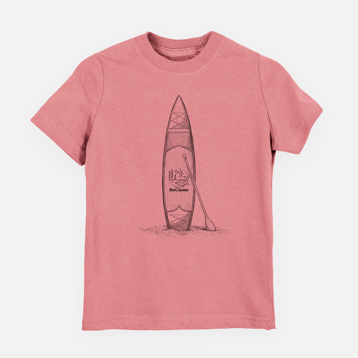 Mauve pink youth t-shirt laid flat, printed with a black ink illustration of a stand-up paddleboard with a paddle.