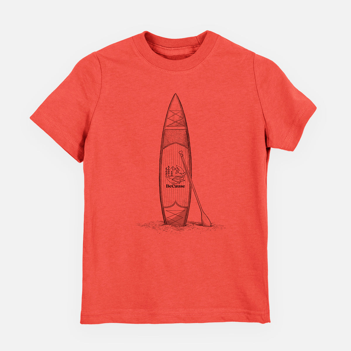 Passionfruit pink youth t-shirt laid flat, printed with a black ink illustration of a stand-up paddleboard with a paddle.