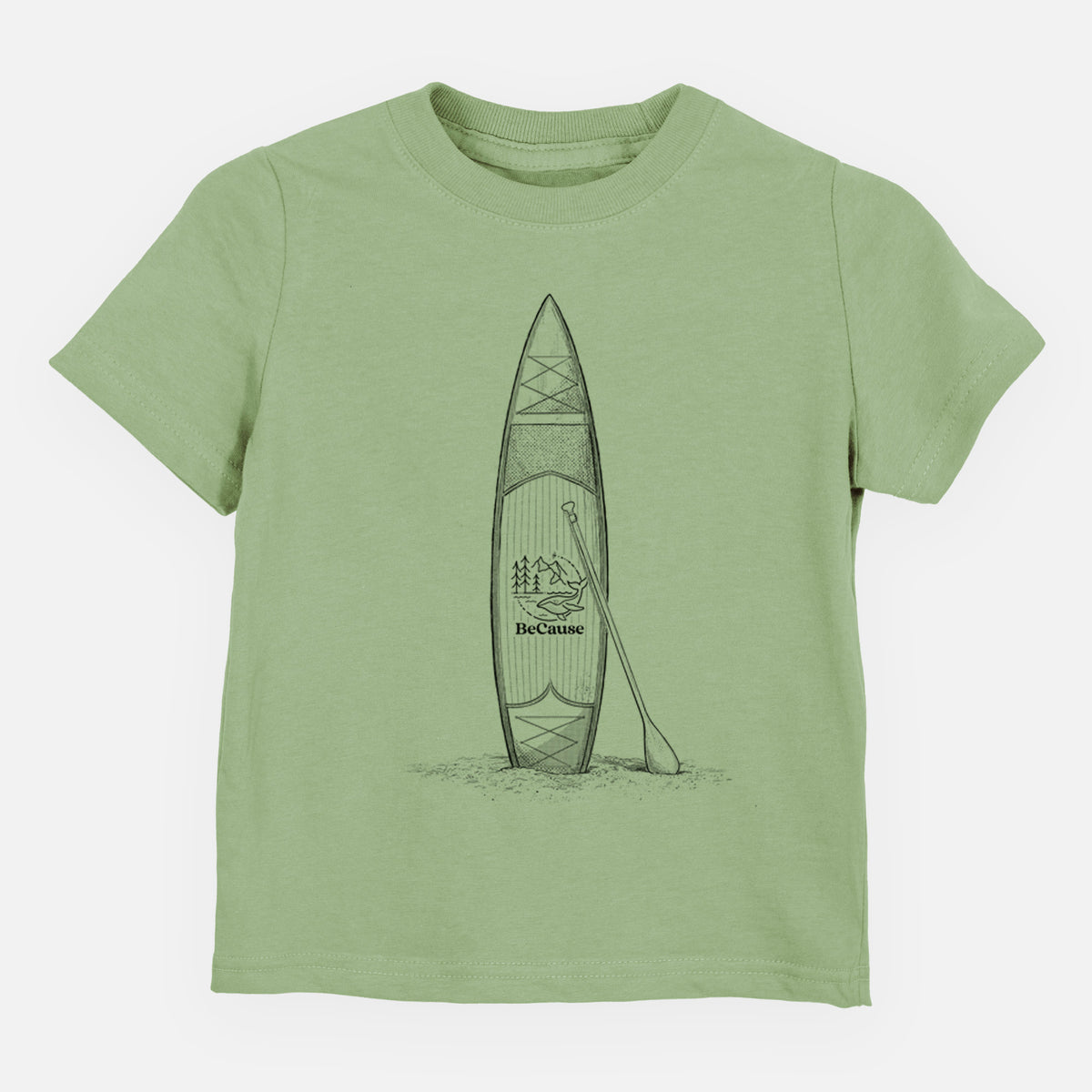 Sage green toddler t-shirt laid flat, printed with a black ink illustration of a stand-up paddleboard with a paddle.