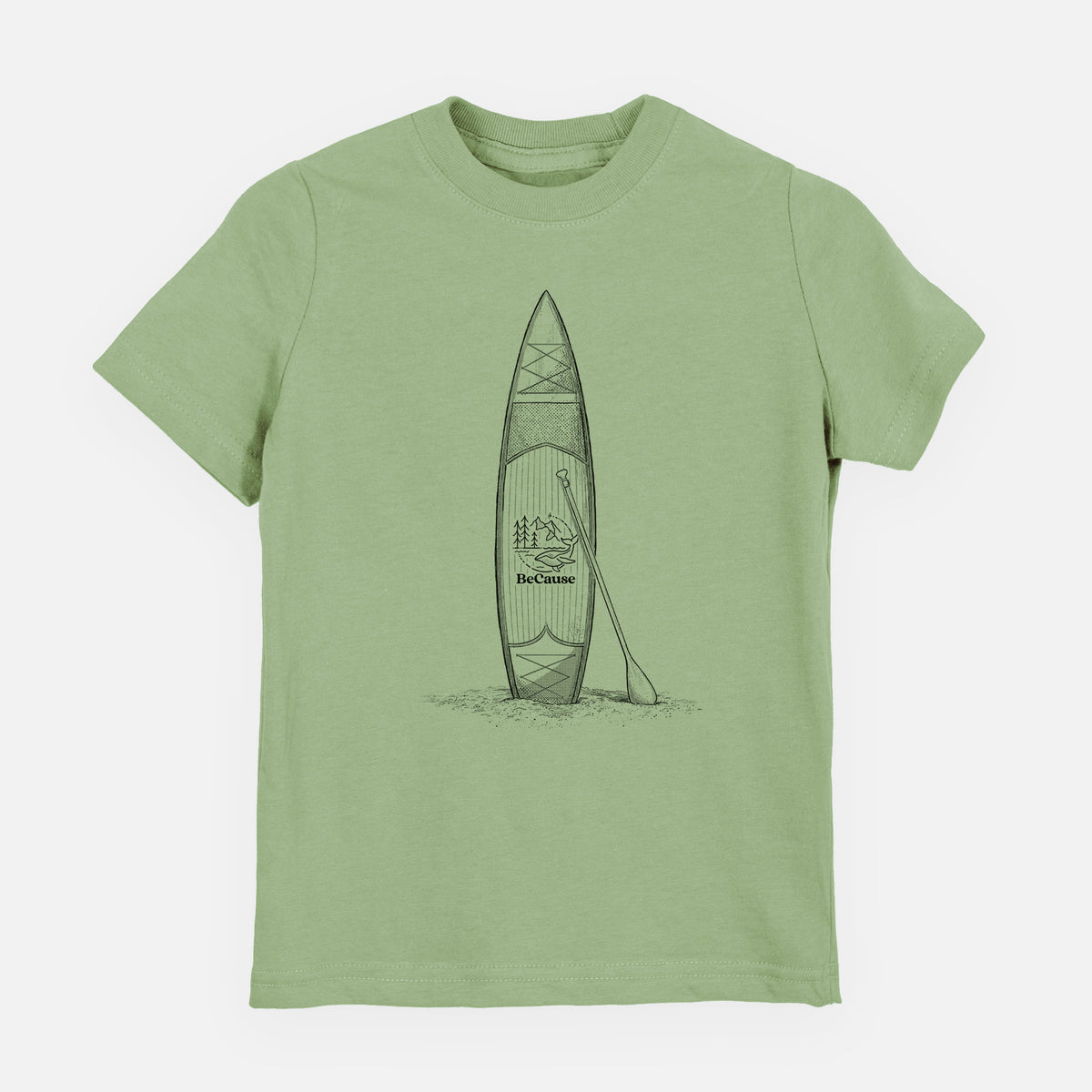 Sage green youth t-shirt laid flat, printed with a black ink illustration of a stand-up paddleboard with a paddle.