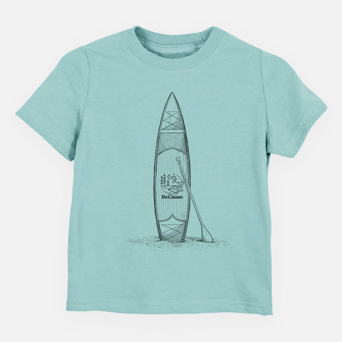 Saltwater toddler t-shirt laid flat, printed with a black ink illustration of a stand-up paddleboard with a paddle.