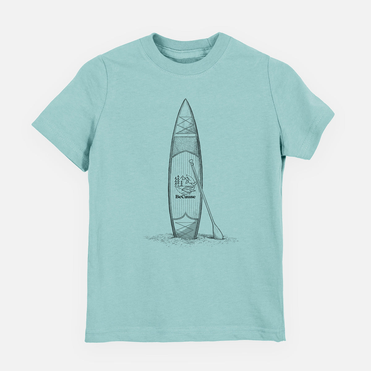 Saltwater youth t-shirt laid flat, printed with a black ink illustration of a stand-up paddleboard with a paddle.