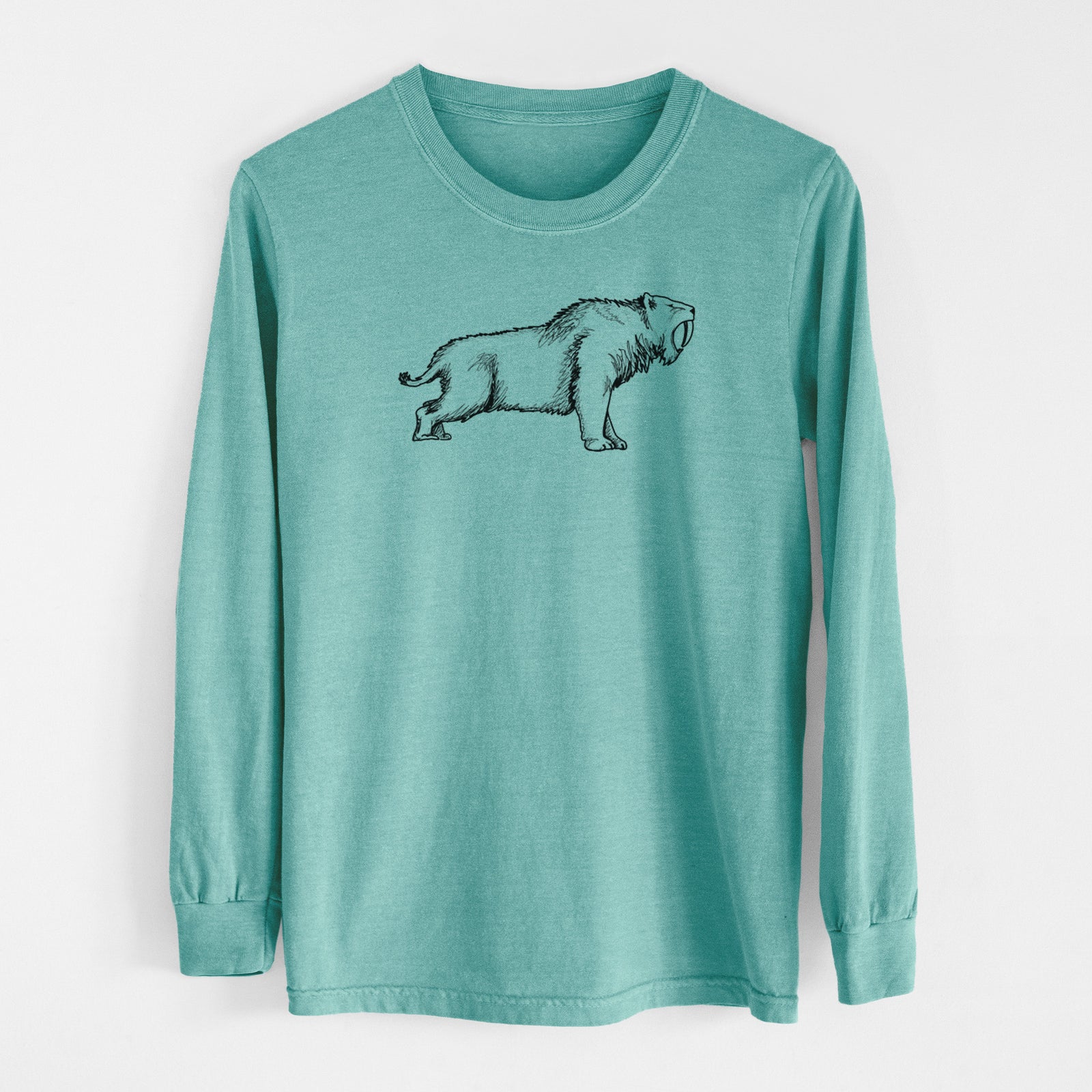 Reef green Comfort Colors long sleeve shirt laid flat, printed with a black ink illustration of a saber-toothed tiger walking.