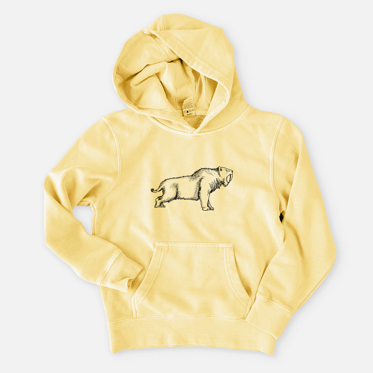 Pigment yellow youth pigment dyed hoodie laid flat, printed with a black ink illustration of a saber-toothed tiger walking.