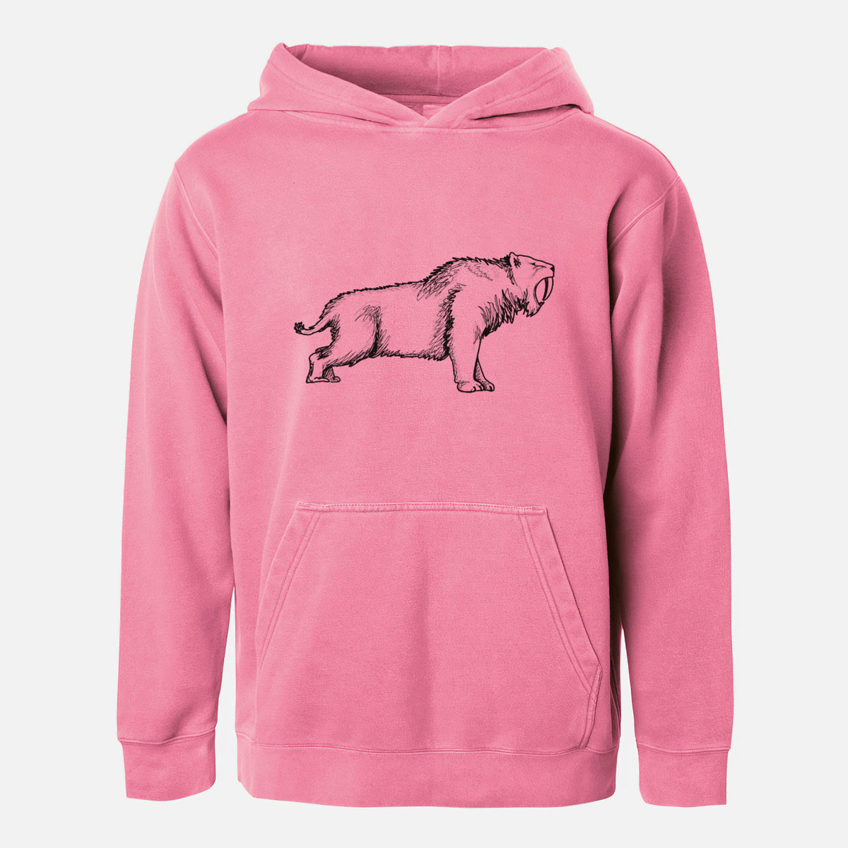 Pigment pink youth pigment dyed hoodie laid flat, printed with a black ink illustration of a saber-toothed tiger walking.