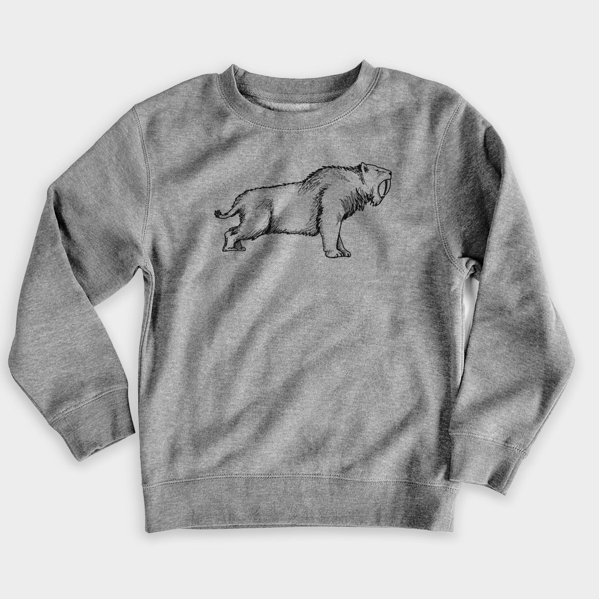 Nickel grey youth crewneck sweatshirt laid flat, printed with a black ink illustration of a saber-toothed tiger walking.