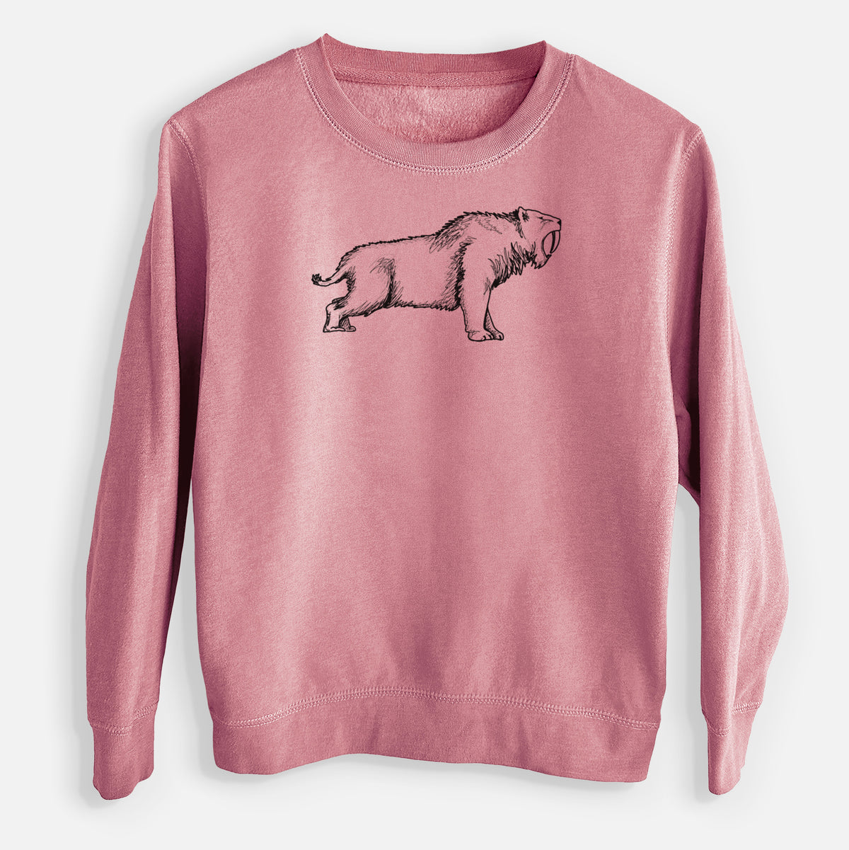 Mauve pink youth crewneck sweatshirt laid flat, printed with a black ink illustration of a saber-toothed tiger walking.