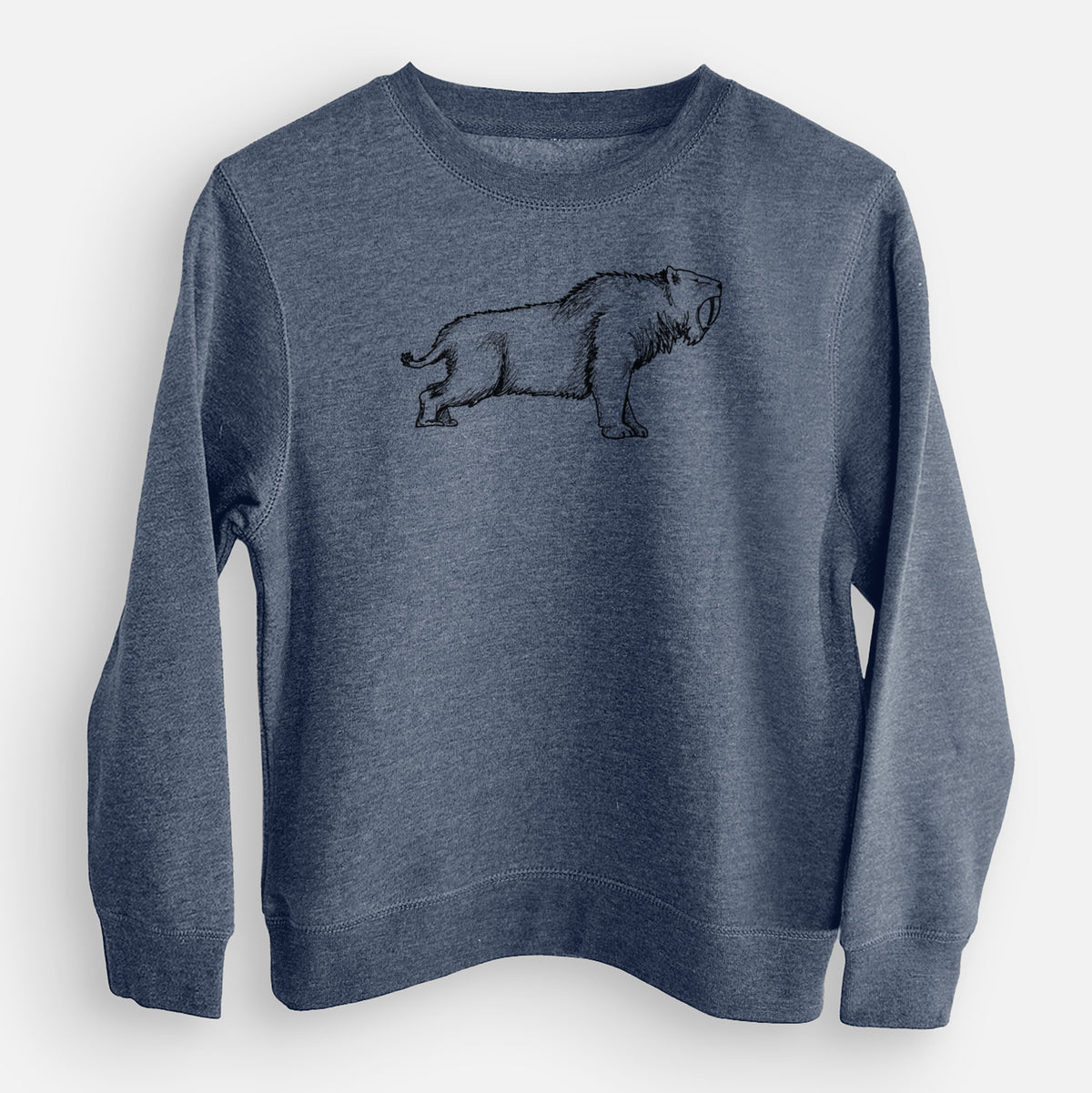 Storm blue youth crewneck sweatshirt laid flat, printed with a black ink illustration of a saber-toothed tiger walking.