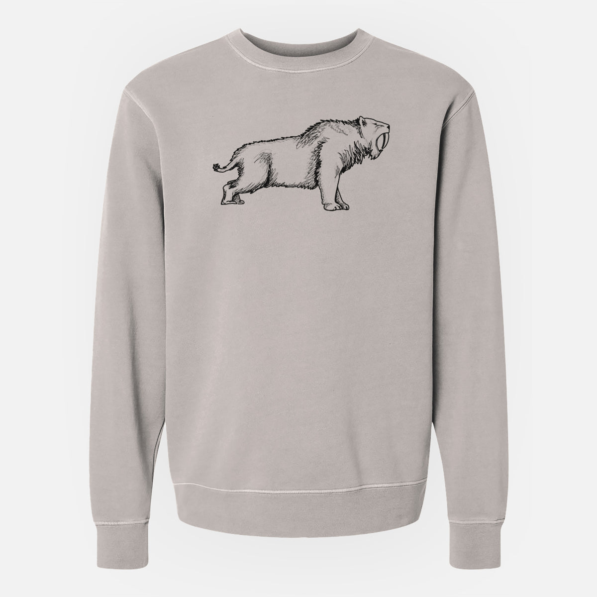 Cement grey pigment dyed crewneck sweatshirt laid flat, printed with a black ink illustration of a saber-toothed tiger walking.