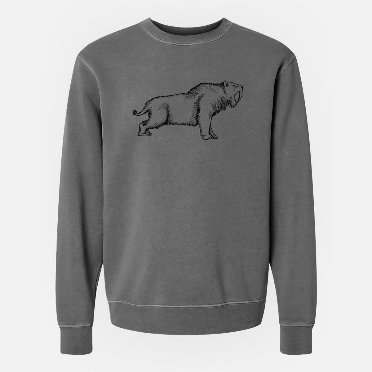 Faded black pigment dyed crewneck sweatshirt laid flat, printed with a black ink illustration of a saber-toothed tiger walking.