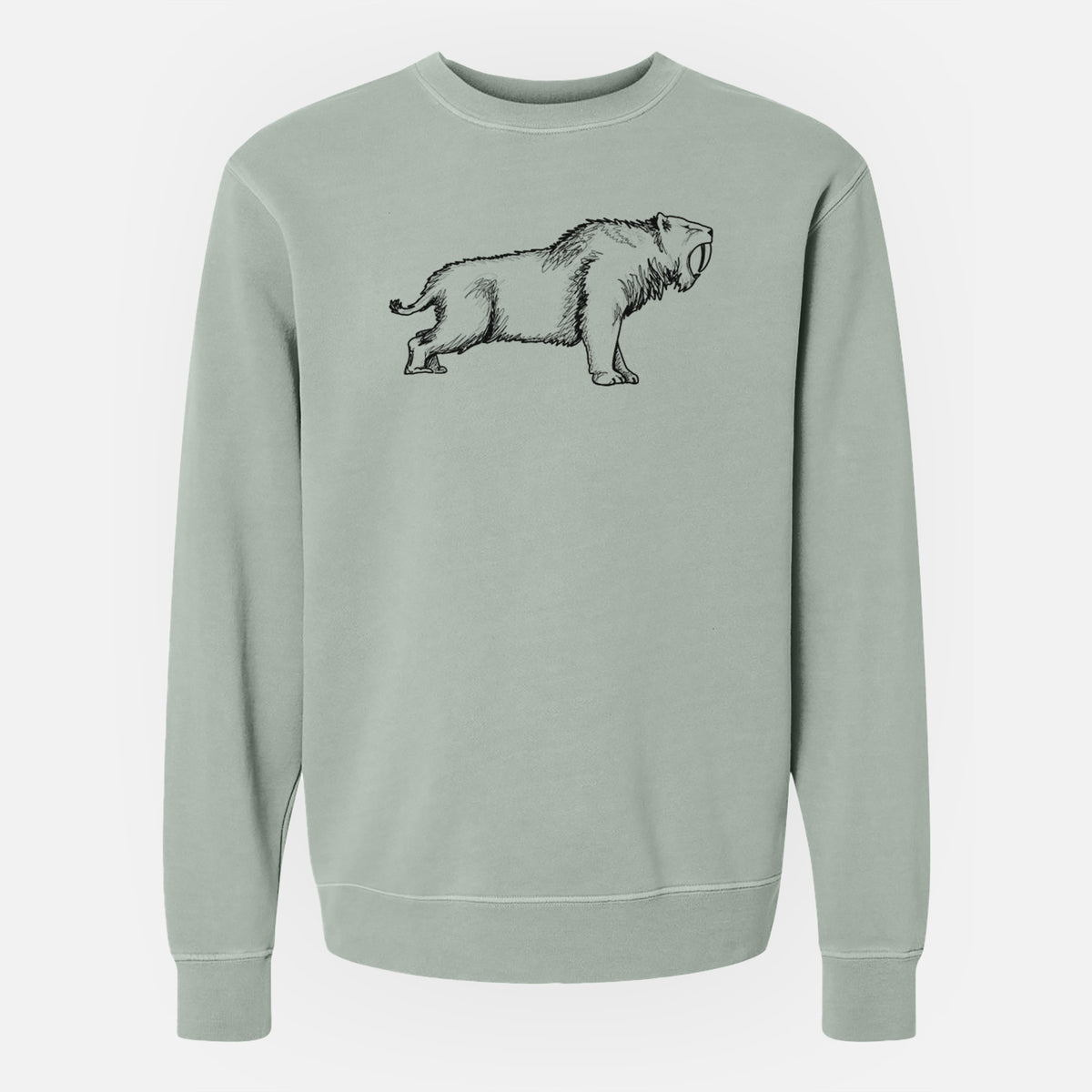 Sage green pigment dyed crewneck sweatshirt laid flat, printed with a black ink illustration of a saber-toothed tiger walking.