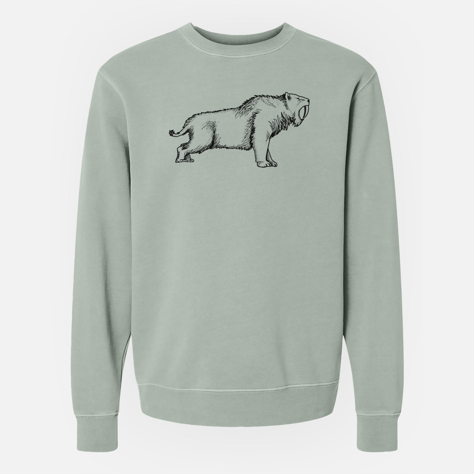 Sage green pigment dyed crewneck sweatshirt laid flat, printed with a black ink illustration of a saber-toothed tiger walking.