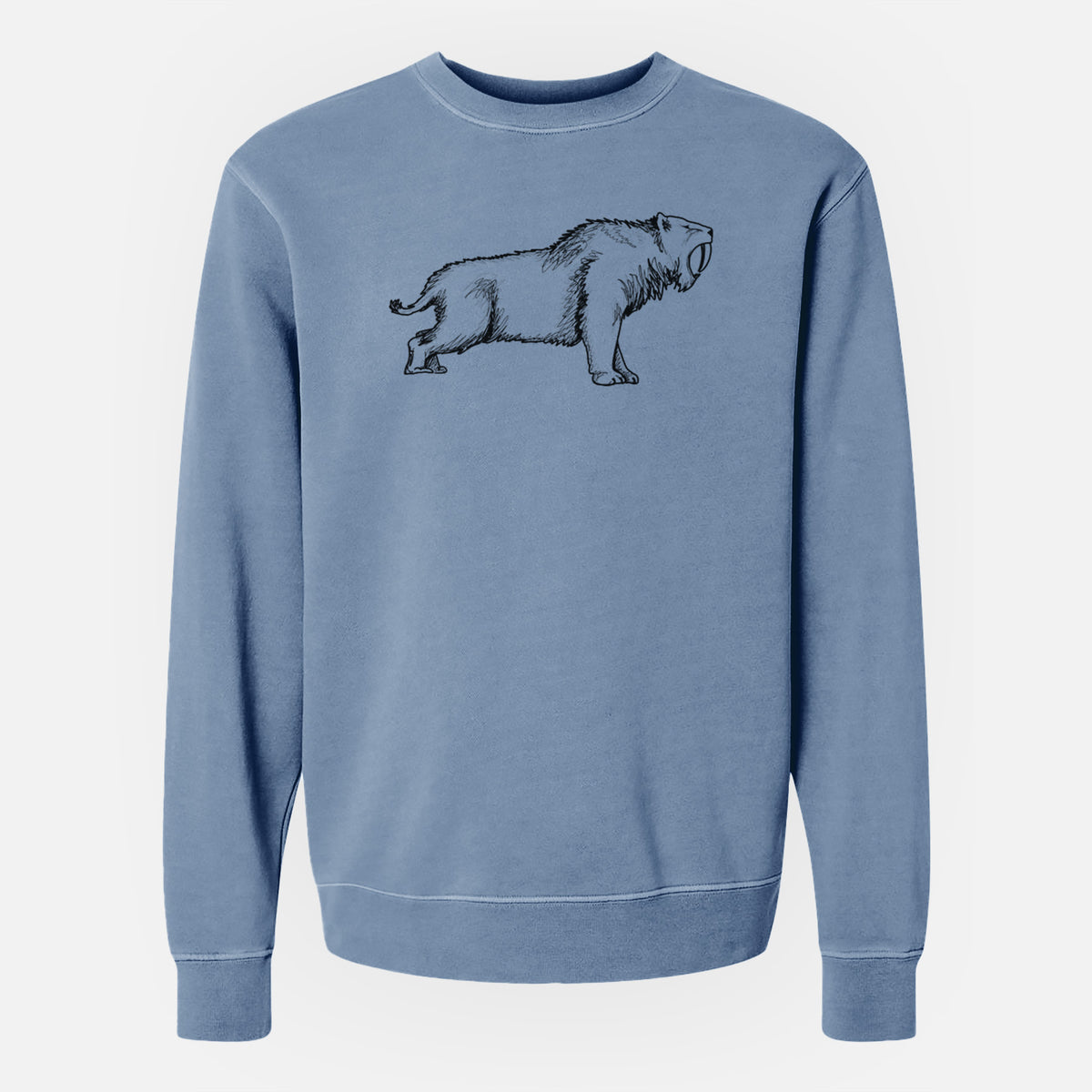 Slate blue pigment dyed crewneck sweatshirt laid flat, printed with a black ink illustration of a saber-toothed tiger walking.