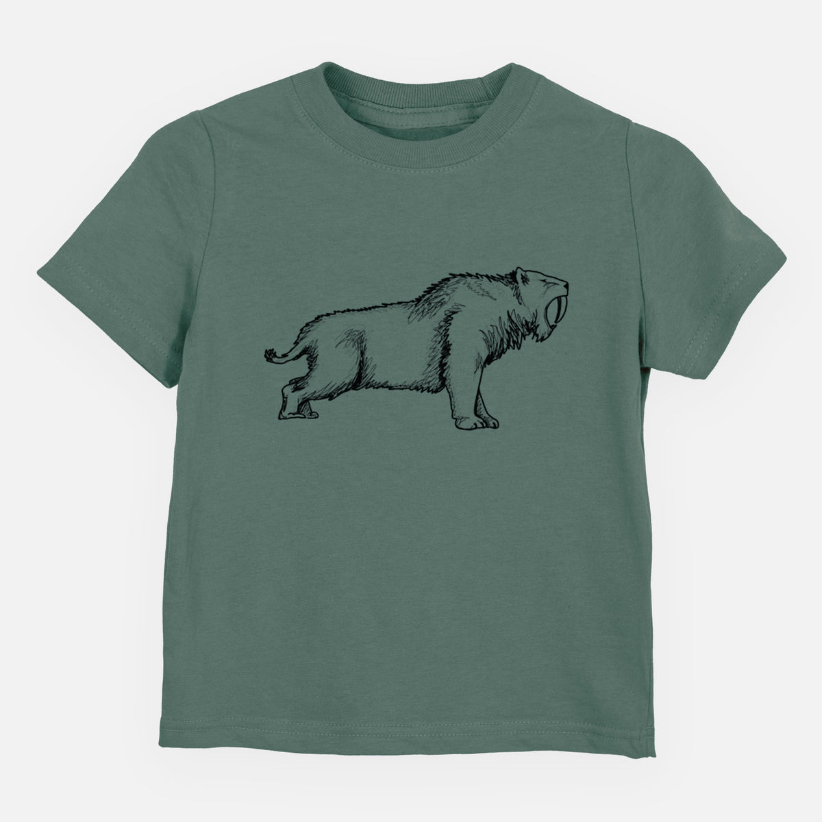Basil green toddler t-shirt laid flat, printed with a black ink illustration of a saber-toothed tiger walking.