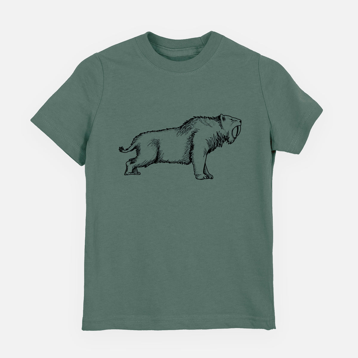 Basil green youth t-shirt laid flat, printed with a black ink illustration of a saber-toothed tiger walking.