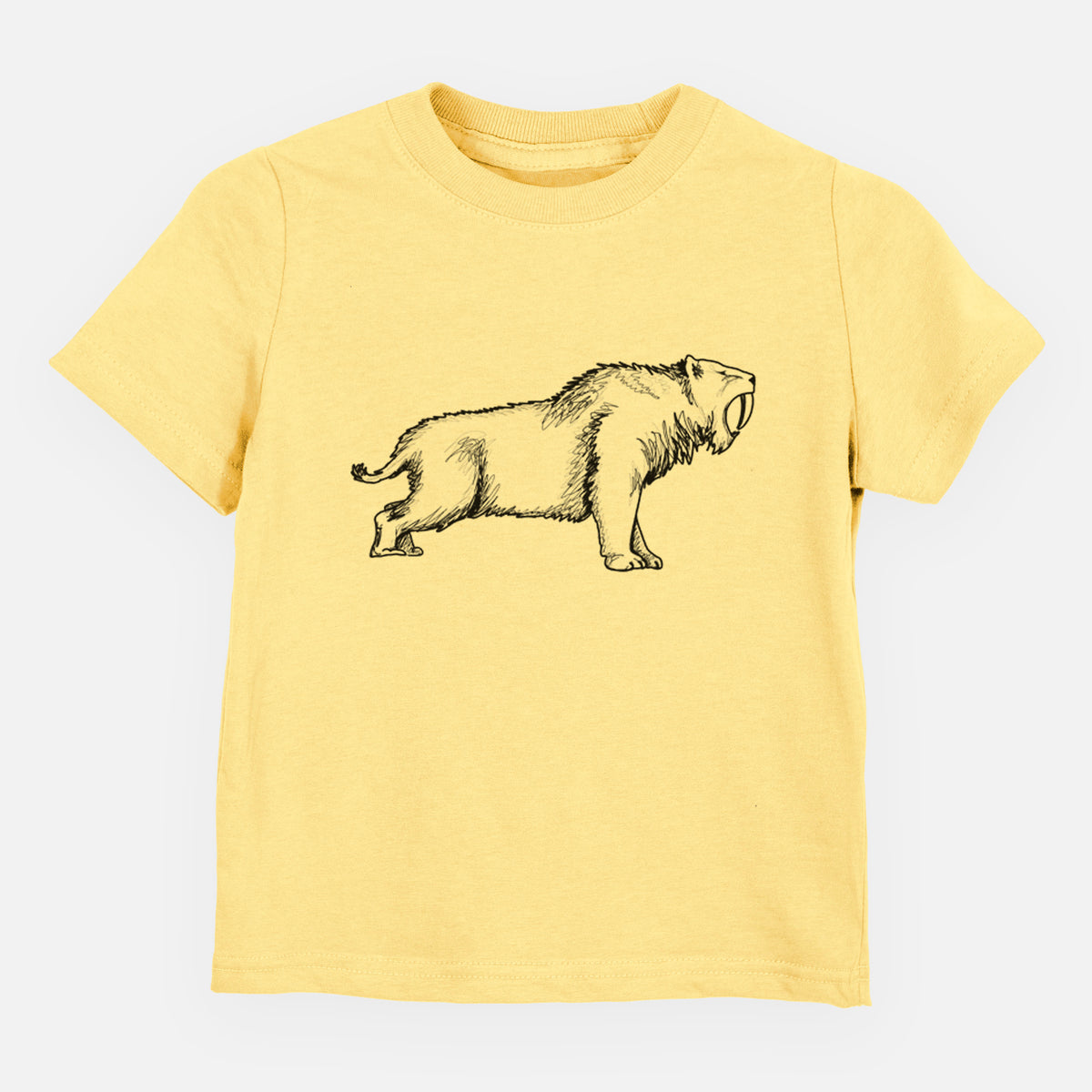 Butter yellow toddler t-shirt laid flat, printed with a black ink illustration of a saber-toothed tiger walking.