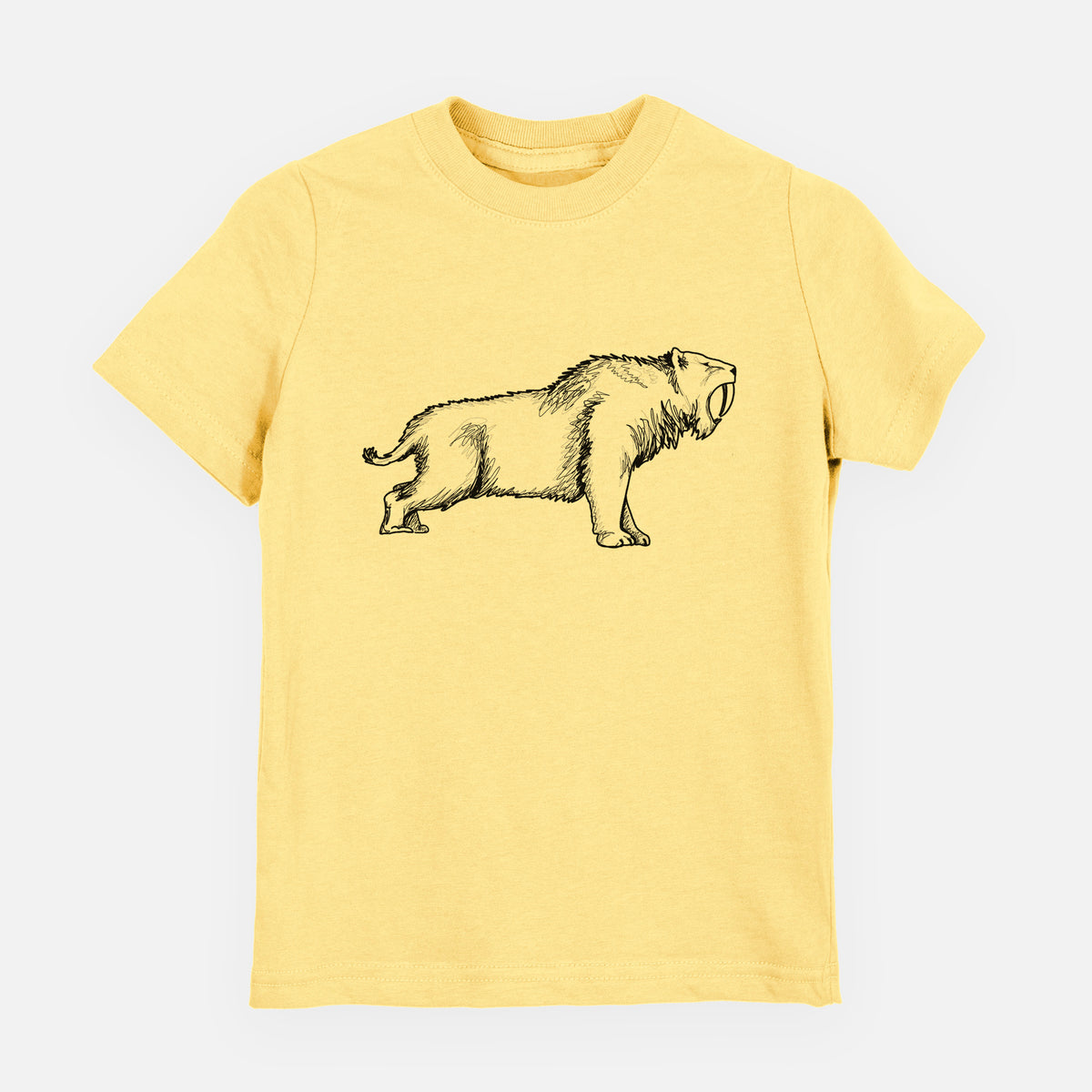 Butter yellow youth t-shirt laid flat, printed with a black ink illustration of a saber-toothed tiger walking.