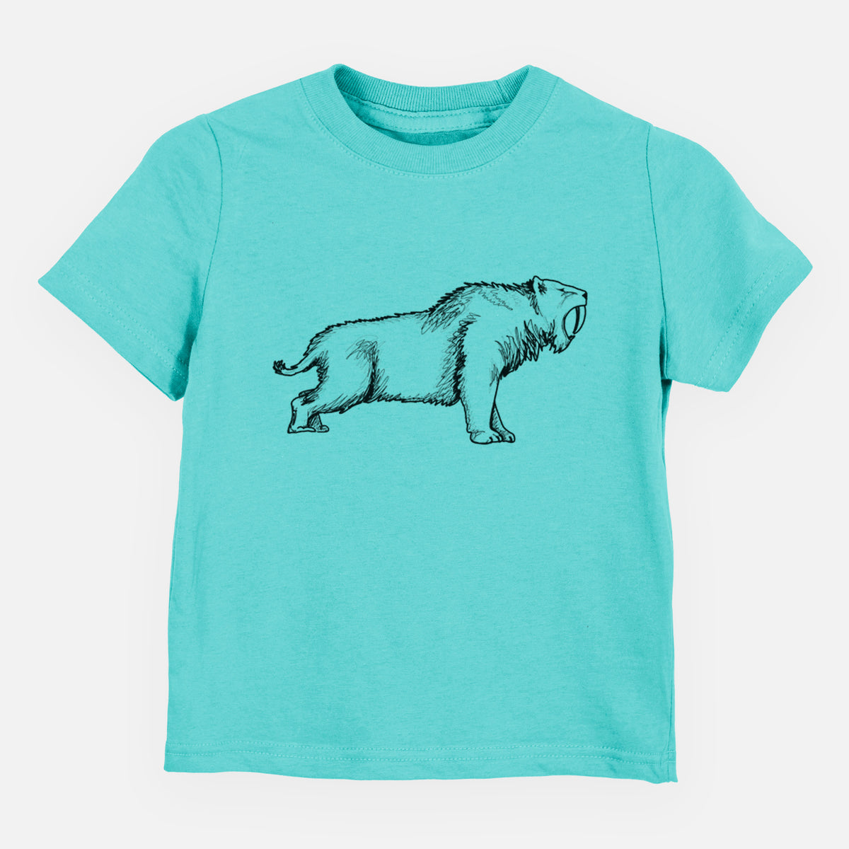 Caribbean blue toddler t-shirt laid flat, printed with a black ink illustration of a saber-toothed tiger walking.