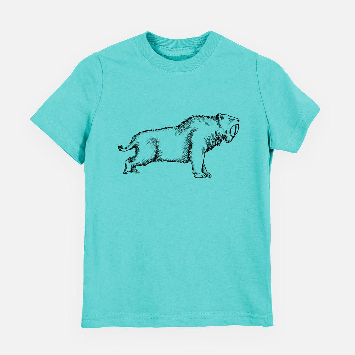 Caribbean blue youth t-shirt laid flat, printed with a black ink illustration of a saber-toothed tiger walking.